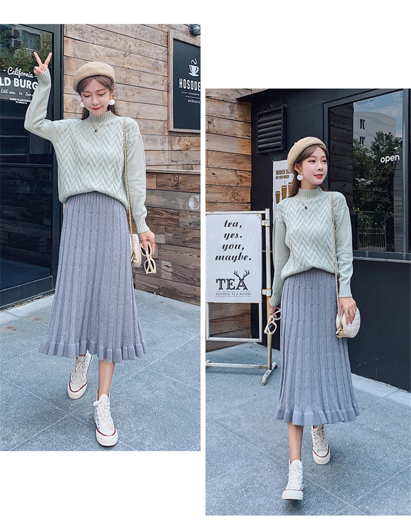 BGTEEVER Autumn Winter Cable Twist Women Knitted Skirts Thick Warm Midi Skirt Elastic Band High Waist Tulle Skirt for Women