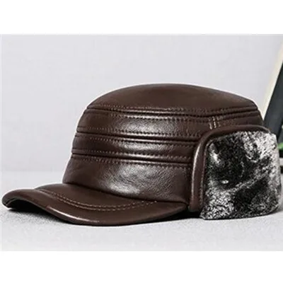 XdanqinX Мужская теплая зимняя шапка натуральная шляпа из натуральной кожи армейские военные шапки толстый бархат мужская плоская кепка из воловьей кожи - Цвет: brown
