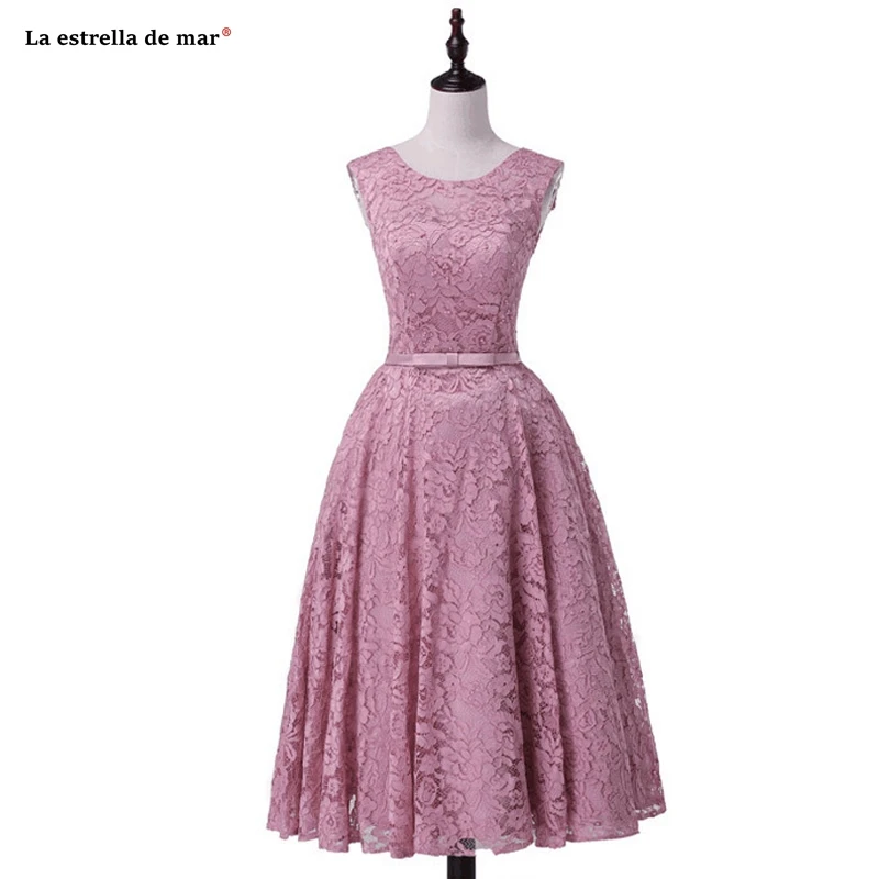 Большие размеры vestido madrinha новое из кружева, с вырезом на шее жемчужина A Line Румяна розовое платье подружки невесты чай Длина халат d'd'honneur