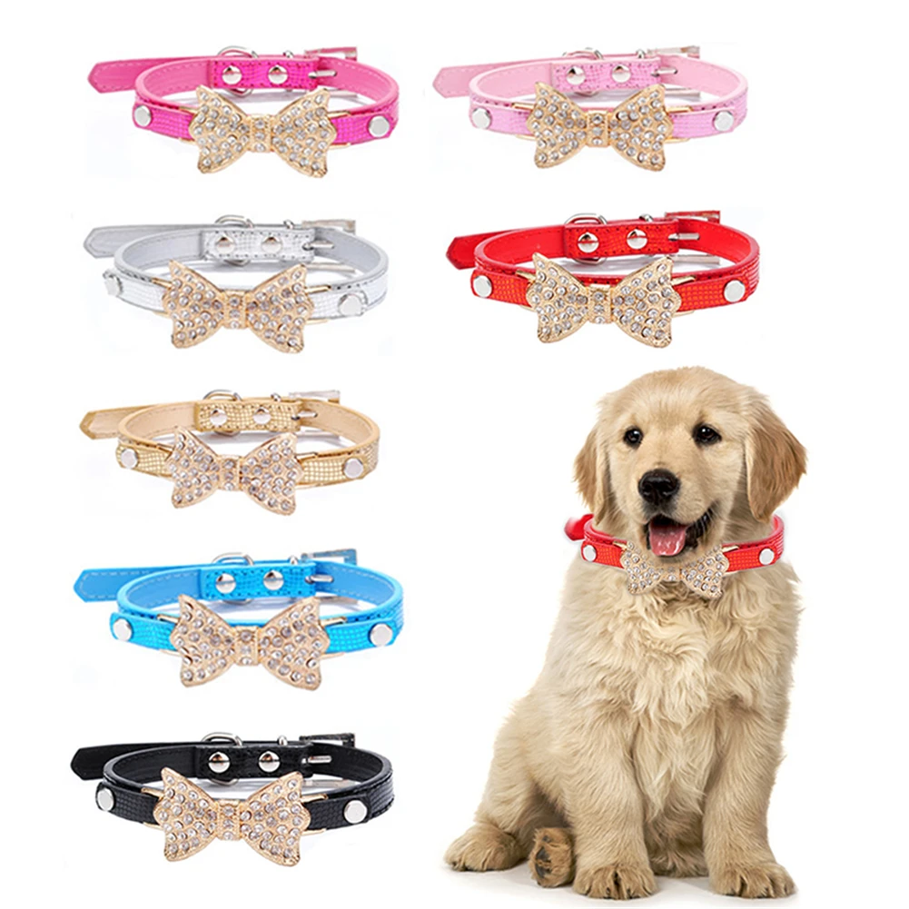 

Rhinestone Dog and Cat Collars Dogs Bling Crystal Bow PU Leather Pet Collar Puppy Cats Necklace Dog Harness Leash Dropship