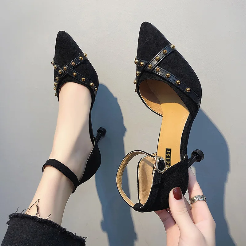 

A- line Women's Summer 2019 New Style Korean-style Sandals Buckle Pointed-Toe Thin Heeled Rivet High Heel Shoes Closed-toe Versa
