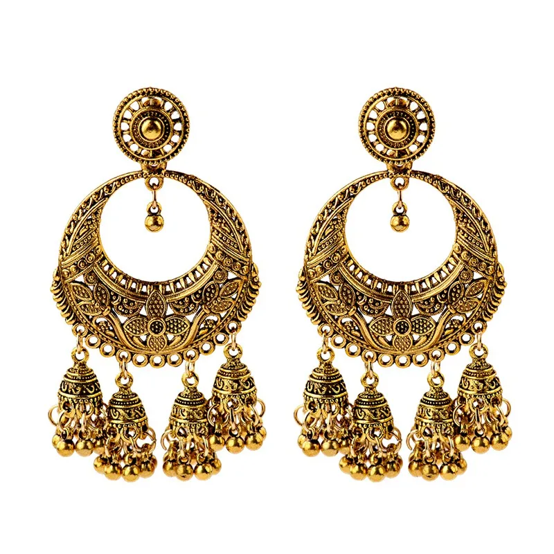 HXE162-1 OIQUEI, женские винтажные этнические индийские ювелирные изделия Jhumka, большой колокольчик, Разноцветные серьги-кисточки с бусинами античный этнический Висячие Серьги Brincos - Окраска металла: HXE162-1