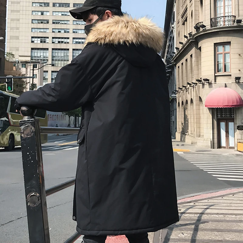 Мужские черные длинные парки в японском стиле с меховым капюшоном на молнии спереди, Мужская Утепленная куртка, теплая зимняя верхняя одежда