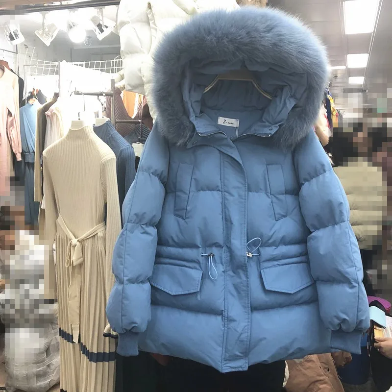Хлопковая стеганая куртка женская зимняя одежда студенческие толстые волосы воротник большие карманы с капюшоном куртки Ins модные пальто - Цвет: Синий