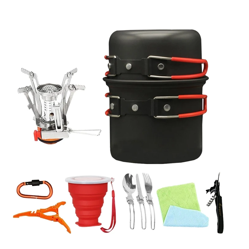 

Outdoors Camping Cookware Kit Folding Pot Kits Cooking Equipment For Camping Hiking 11 Piece Cookset