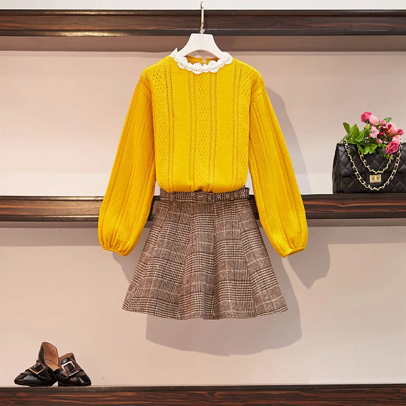 Yellow-Khaki Trytree осенний зимний комплект из двух предметов Повседневный кружевной топ с круглым вырезом и рукавами-фонариками+ юбка мини клетчатый комплект для офисной Леди комплект из 2 предметов - Цвет: Yellow-Khaki