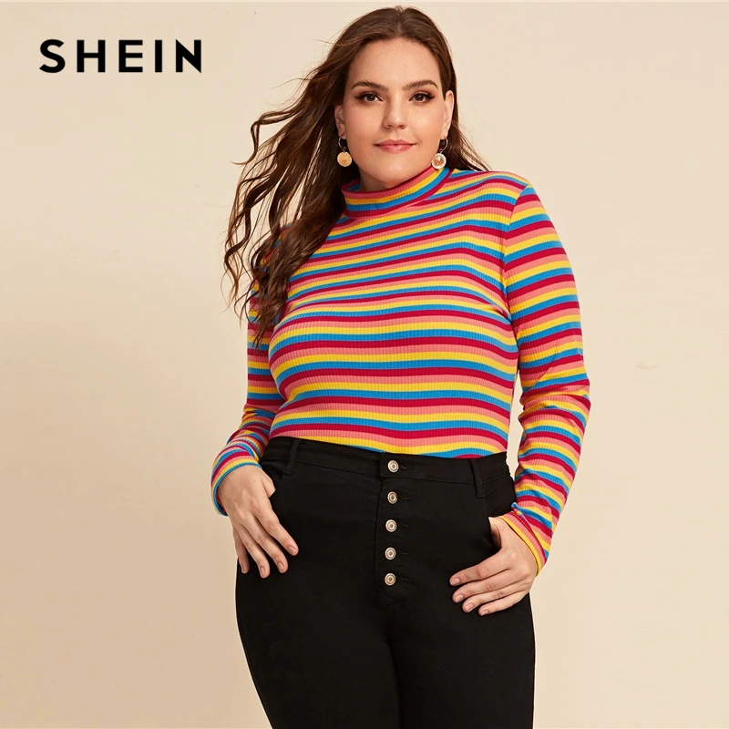 SHEIN/разноцветная футболка размера плюс в радужную полоску, женские осенние Повседневные базовые Топы с длинным рукавом, облегающие футболки с цветными блоками