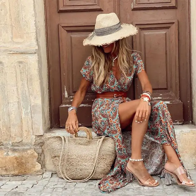 Fashion Boho Dress Long Dress Women Casual V Neck Short Sleeve Retro Print Belt Hem Beach