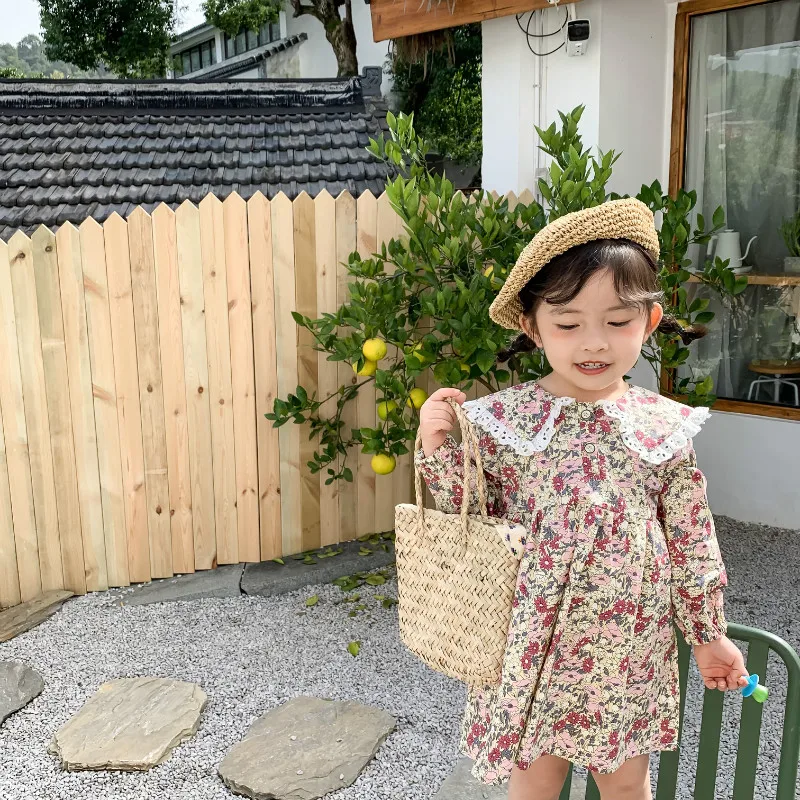 Новое поступление; весеннее хлопковое платье принцессы с длинными рукавами и кружевным воротником в Корейском стиле для милых маленьких девочек