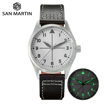 

San Martin Pilot Fashion Simple Watch Business White Dial Automatic Men Mechanical Watches Leather 200m Water Resistant Luminous