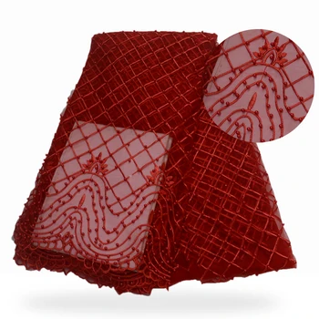 

Sunny 2019 New Arrivals Red African lace Fabric High Quality French Tulle Net Lace With Beads And Stones 5 Yards For Party dress
