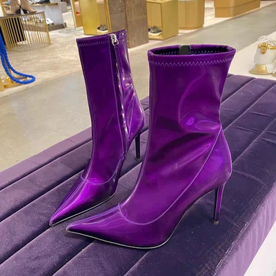 

2022 autumn winter new metallic purple pointed high heel ankle boots soft patent leather stretch zipper stilettos trendy botas