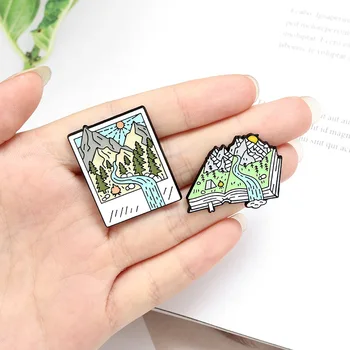 

Mountain Camping Enamel Pin Custom Mountain Forest Photo Picture Book Brooch Bag Clothes Lapel Pins Badge Jewelry Gift
