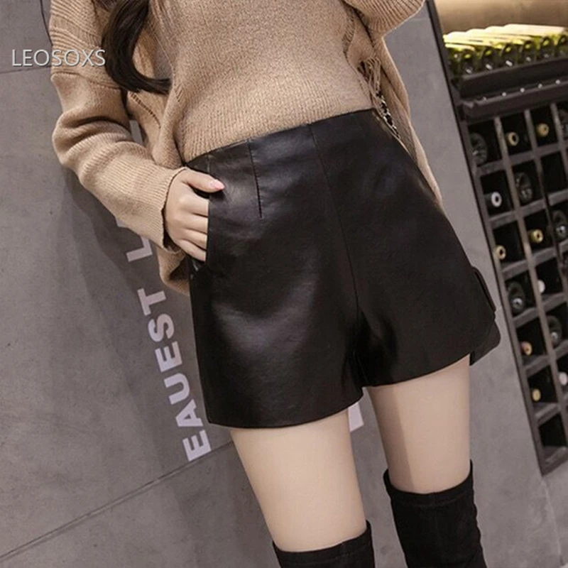 Новые женские кожаные шорты с высокой талией большие размеры на молнии Свободные
