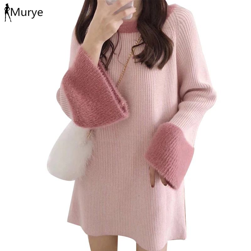Зимнее трикотажное платье-свитер с длинным рукавом, Женский пуловер, шерстяное розовое мини-платье большого размера, корейская мода, туника, женская одежда