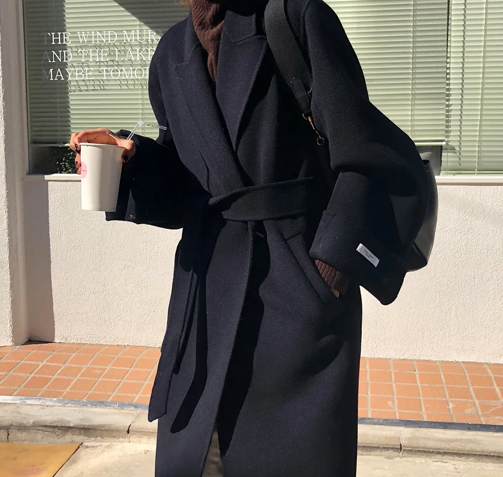 wool coat warm winter camel black maxi long outfit Wool Blends coat high quality oversized - Цвет: navry