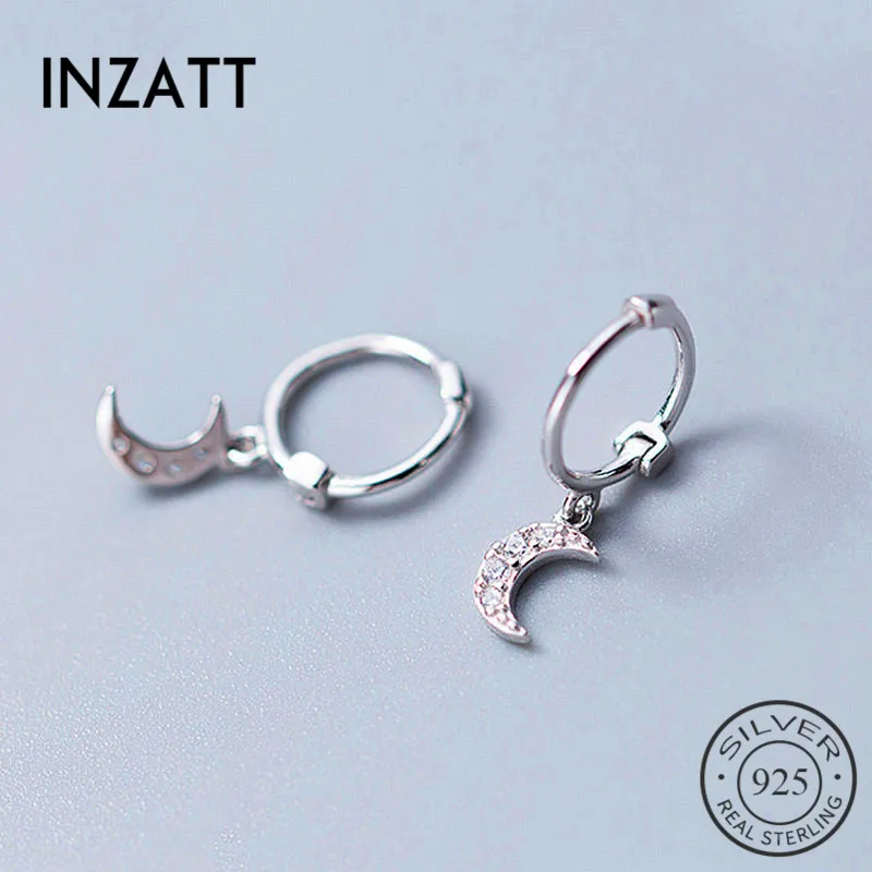 

INZATT Real 925 Sterling Silver Zircon Moon Hoop Earrings For Fashion Woman Geometric Earrings 2019 Cute Fine Jewelry Gift