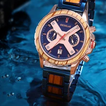 REDEAR Reloj de pulsera de cuarzo multifuncional para hombre, cronógrafo de aleación y madera, resistente al agua, luminoso, con calendario