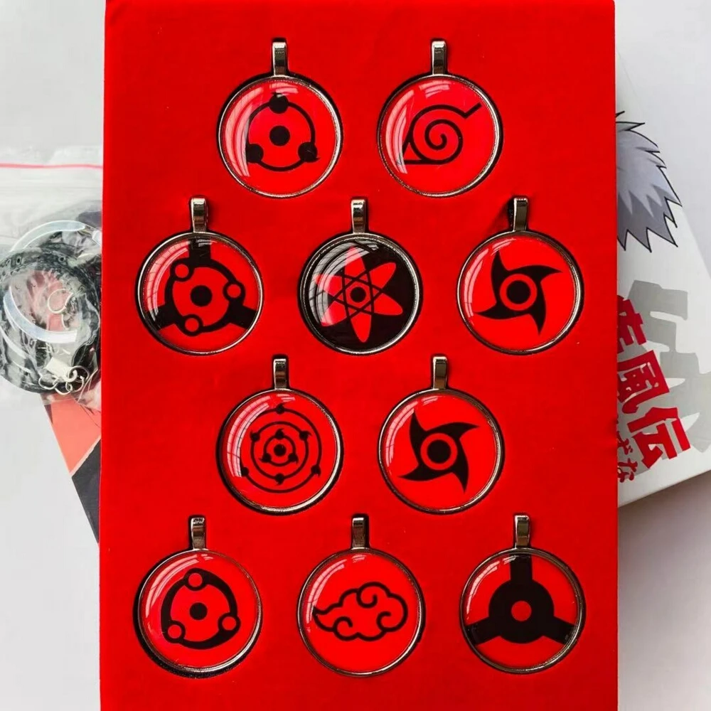 10pcs/set Anime Red Sharingan Necklace Key rings Pendant Cosplay Narut Akatsuki organization red cloud sign Keychain Gift | Украшения и