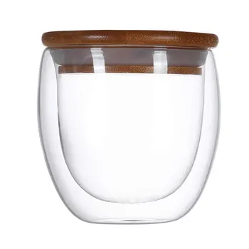 

OUTAD Double Layer Wall Clear Glass Tea Cup + Bamboo Lid Set Glass Coffee Tea Milk Insulation 250ml/350ml/450ml Mug