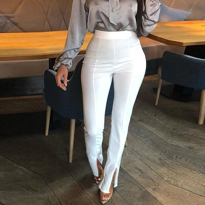Office Ladies Tight Trousers Women Sexy Solid Color High Waist Front Slit Pencil Pants Elegant Black White Red Pants New Fashion