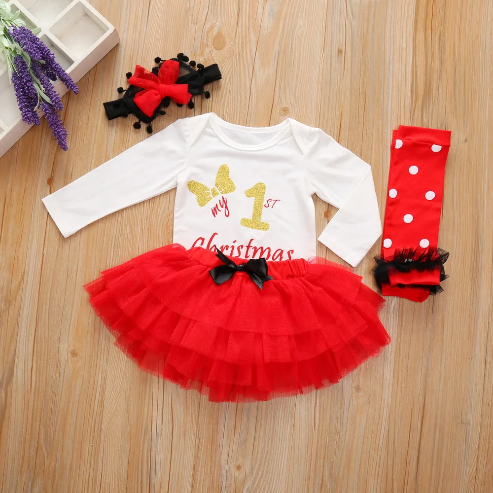 

4Pcs My First Christmas Outfit Baby Christmas Clothes Baby Print Bodysuit+Skirt+2ЧKneepad+Headband Baby Christmas Outfits D30