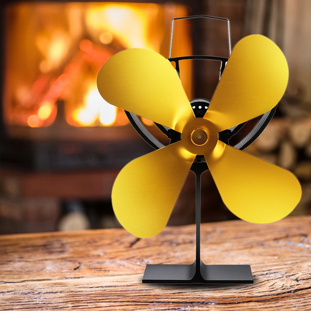 

4 Blades Metal Lightweight Winter Fireplace Fan Home Heat Operated Durable Gold Efficient Practical Energy-Saving Low Noise