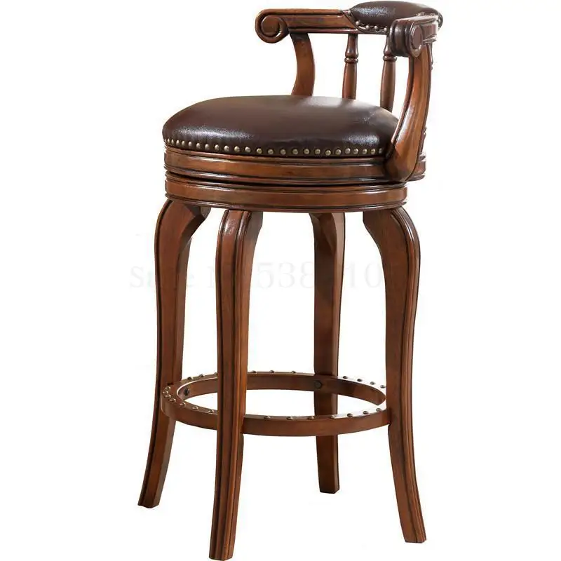 European Style Bar Chair Solid Wood Backrest Leather Counter Stool High Amer |