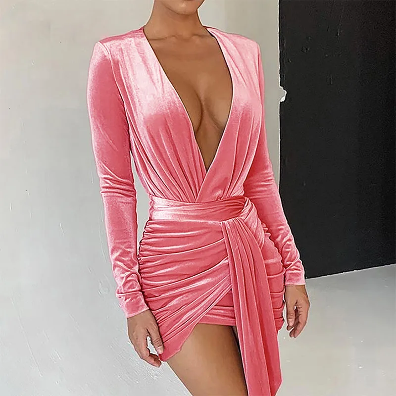 Pink Justchicc бархатное черное Бандажное платье для женщин с глубоким v-образным вырезом вечерние мини-платья для клуба сексуальное осеннее элегантное облегающее платье Feeme - Цвет: Pink