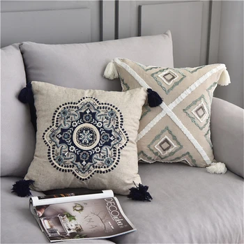 

Lulang Tassel Flower Embroidered Throw Pillow Covers Sofa Cushion Geometric Diamond Pillowcase Bedside Backrest Home Decoration