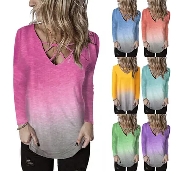 

Ladies printed V-neck T-shirt ladies long sleeve cold shoulder tops ladies casual T-shirts ladies tops