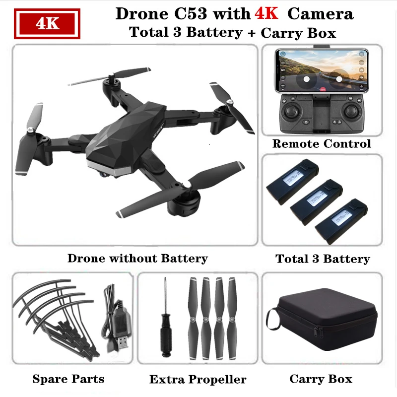 4K-Carry Box-3 Радиоуправляемый Дрон C53 Дроны для селфи с 4K HD Двойная камера оптический поток следующий Квадрокоптер складной Квадрокоптер Дрон VS XS809S XS816 - Цвет: 4K-Carry Box-3