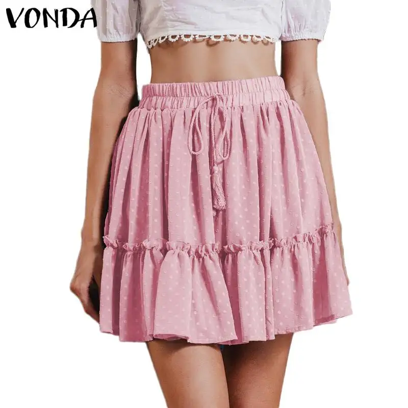 Розовый VONDA, женские летние плиссированные мини юбки, женская короткая юбка в горошек с высокой талией, розовые трапециевидные шифоновые юбки с цветочным принтом и рюшами - Цвет: Розовый