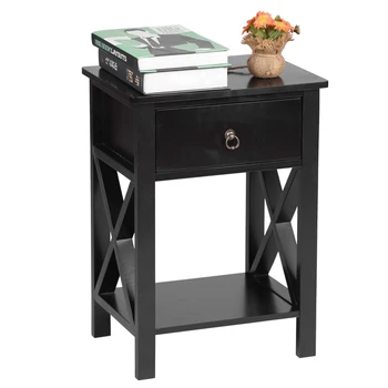 

2-Layer Bedside Cabinet Nightstand Side End Table 1 Drawer Black Spray Paint Cross Type Single Suction Night Stand 40x30x55CM