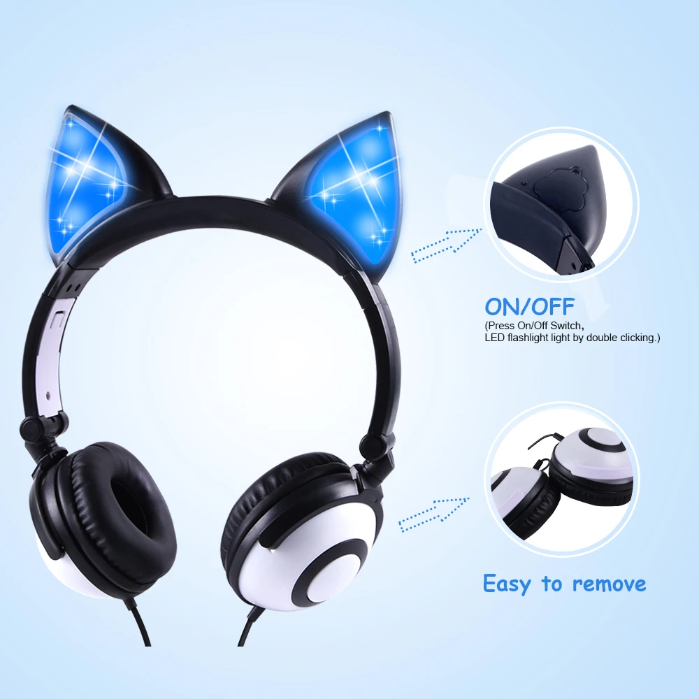 Birthday Gift Wired Kid Headphones Foldable Flashing Cat Ear Children Headphones Gaming Headset With LED Light For PC