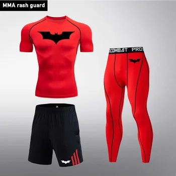 

Men's Clothing Short Sleeve 3 pieces Union Suit Quick-drying Compression tights MMA rashgard Male jogging suit Gym Workout suit