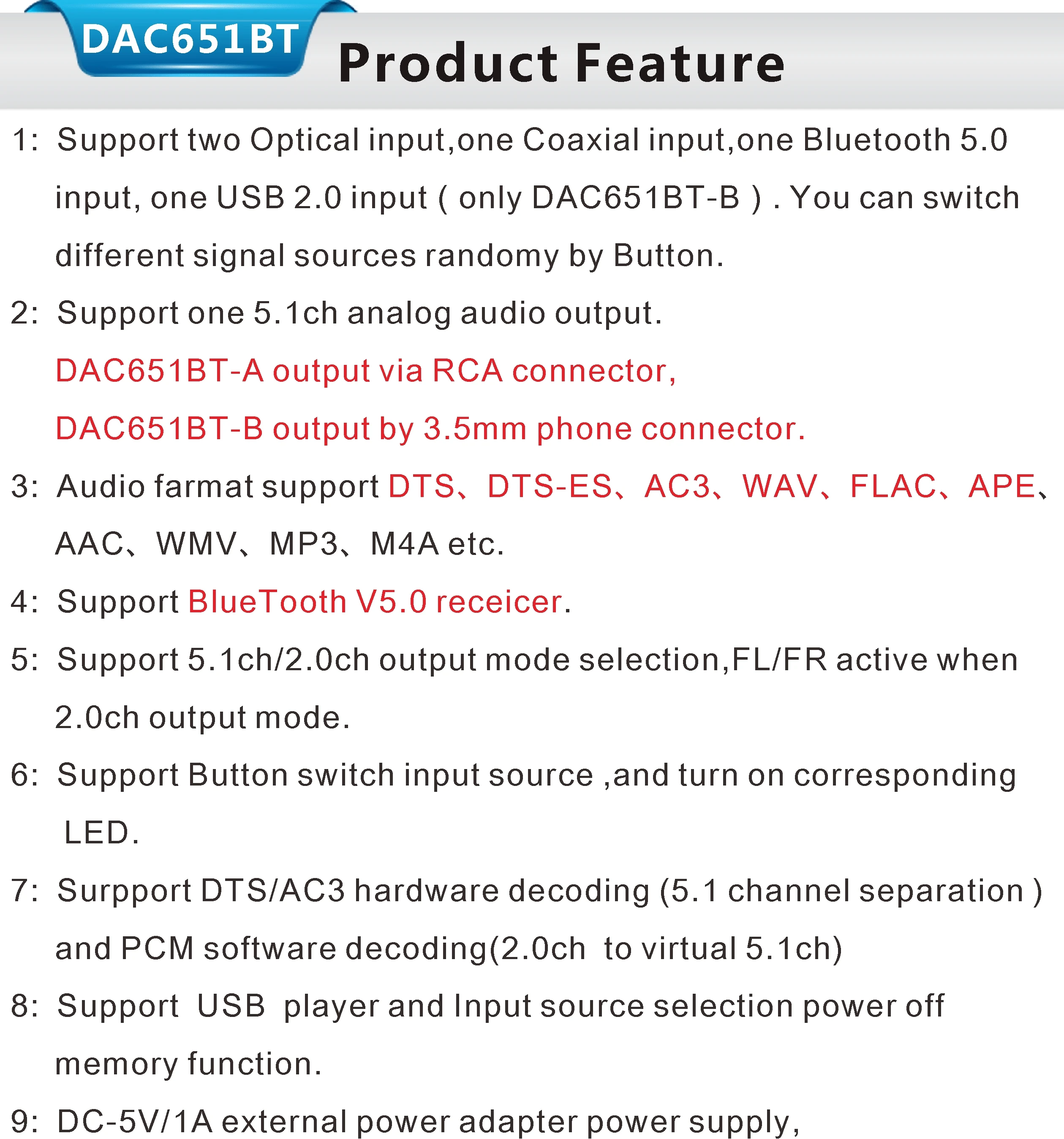 5.0, adaptador receptor 5.0, AUX coaxial óptico,