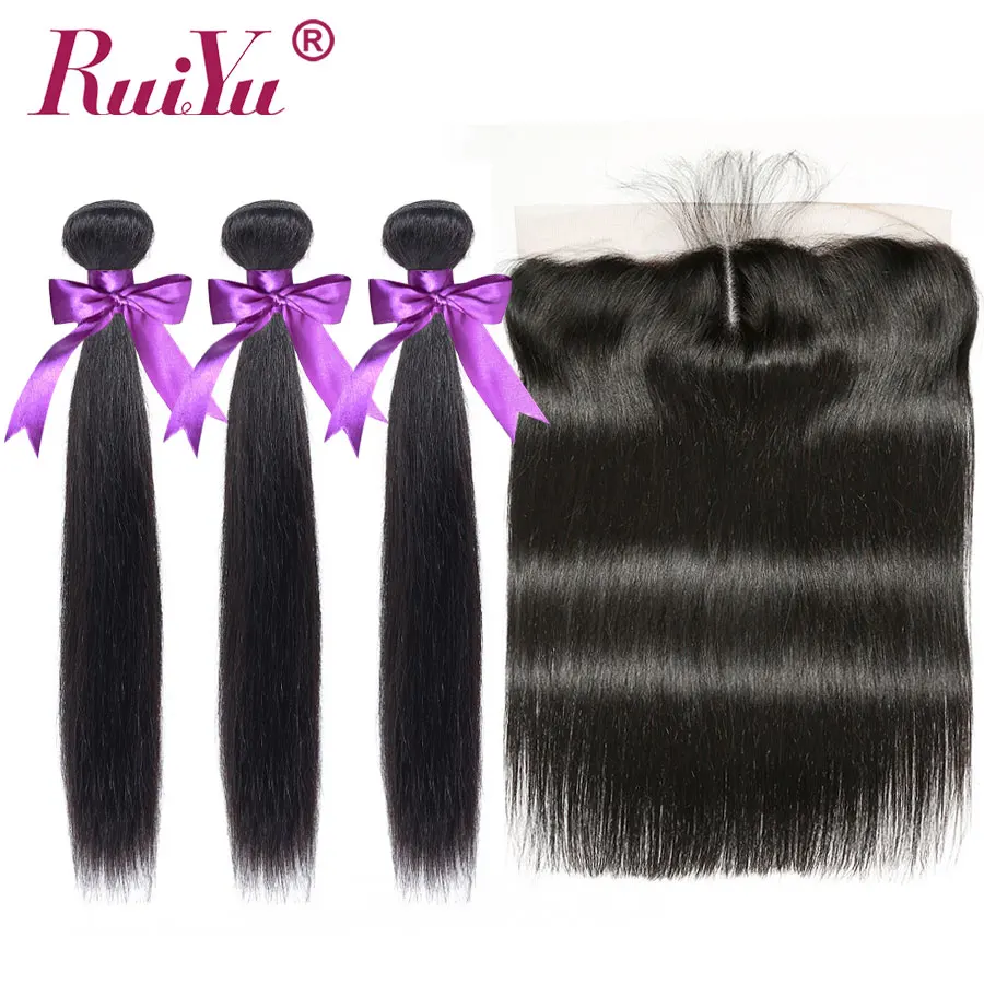 

Peruvian Straight Hair Bundles With Frontal Pre Plucked 13*4 Lace Frontal With Bundles Remy 100% Human Hair Weave RUIYU Hair