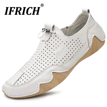 

New Trend Loafers Shoes For Men Handmade Mens Leather Flats Sneakers Summer Hollow Driving Moccasin Anti Slip Men Lazy Shoes