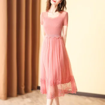 

WOMENGAGA 2020 Summer New Pleated Dress Patchwork Wesh Lace Embroidery Casual Solid Square Collar Long Zipper Loose Womens A175