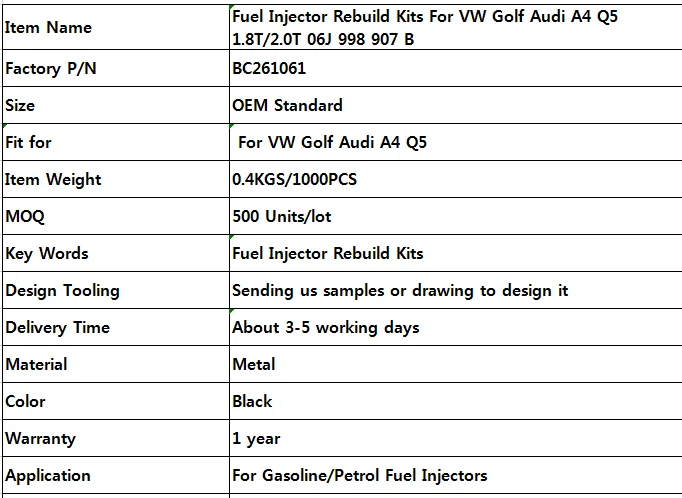 Топливный инжектор GDI Ремонтный комплект для Volkswagen инжектор 06H906036G