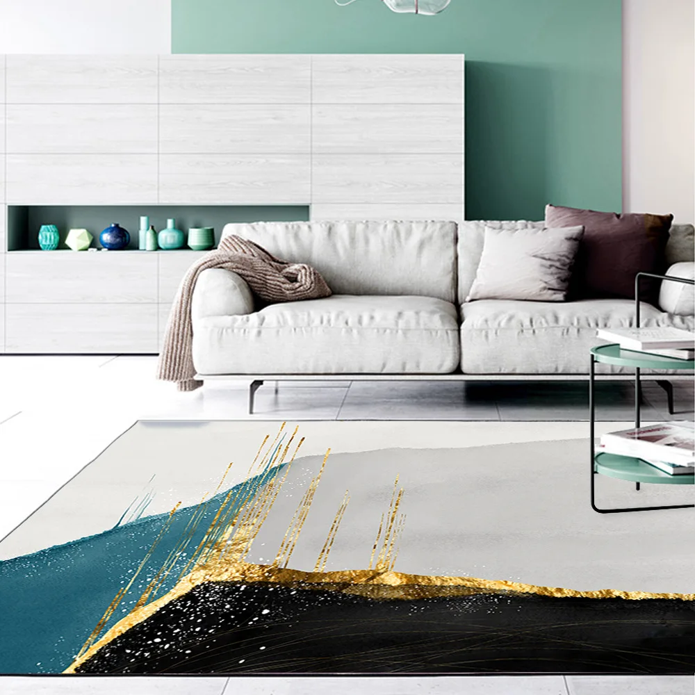 

Fashion modernblue-green abstract landscape carpet Gold line living room floor mat bedroom plush rug custom made bathroom mat