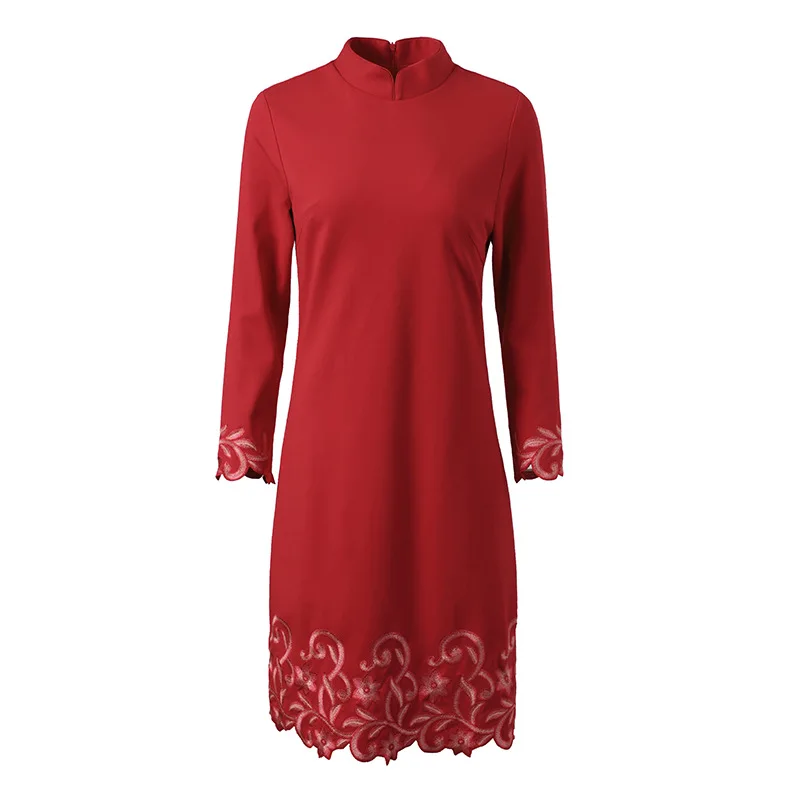 High Quality New Autumn Party Red Black Dress Women Lurex Embroidery Floral 3/4 Sleeve Bodycon Sheath Dress Plus Size XXXXL