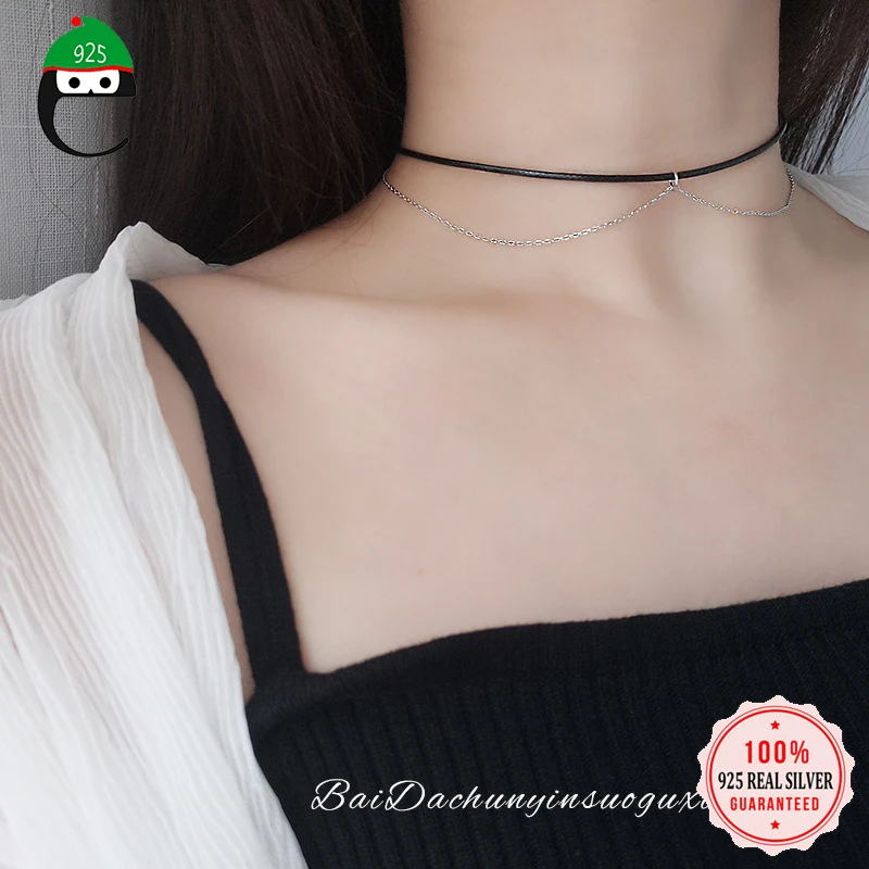

ElfoPlataSi Real 925 Sterling Silver & Black Braid Choker Necklace For Women Clavicle Chain Silver 925 Jewelry Necklace ED380