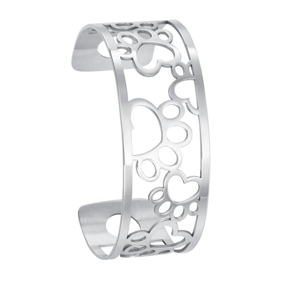 hollow Legenstar Cuff Bracelet Manchette Femme de Bras Cute Dog Paw Foot Print Stainless Steel Bangles ReversibleLeather Pulseiras - Окраска металла: hollow