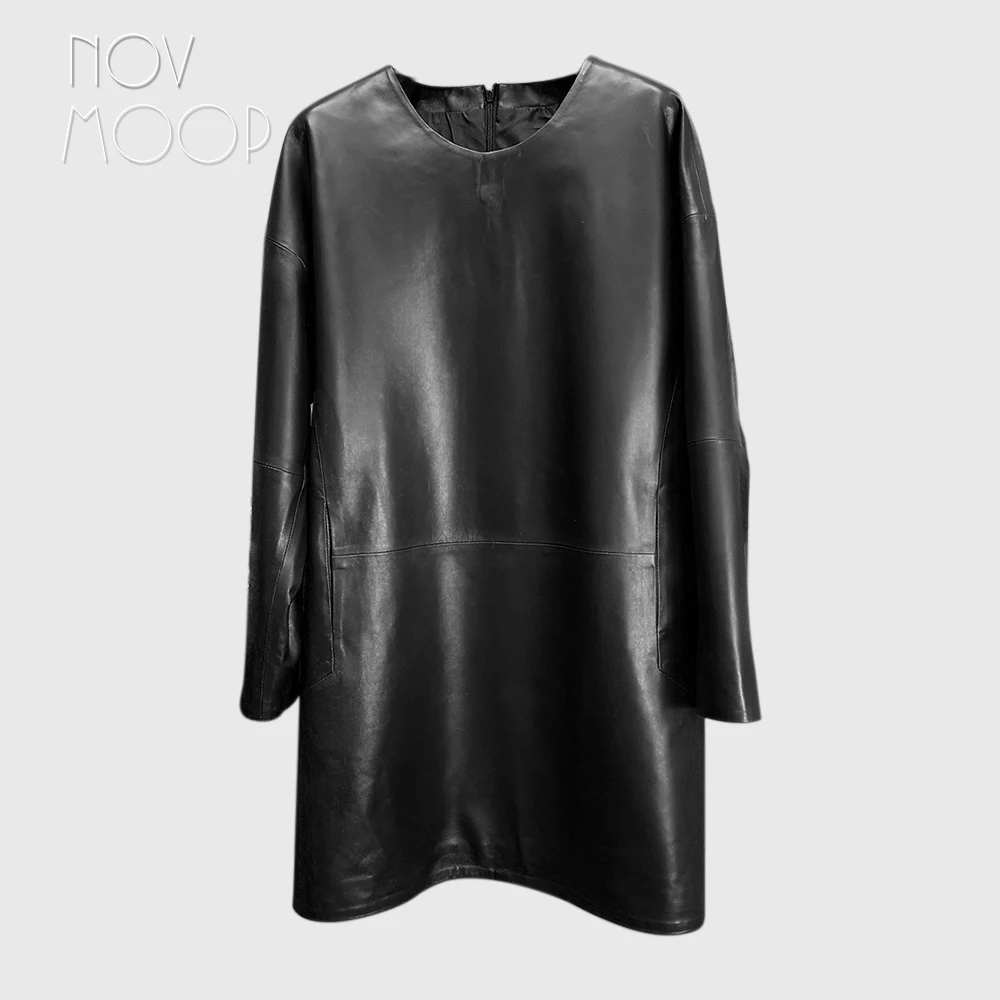 Novmoop модное женское платье средней длины из натуральной кожи красного и черного цвета с карманом на молнии, декор kurtki damskie LT2809