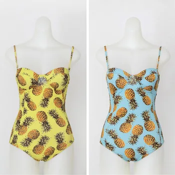 

Sexy Women Pineapple Print Slim Sling Strap One-Piece Lady Push Up Padded Halter Bikini Gathered Girl High Waist Swimsuit