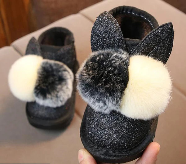 Little Girls Boots Bunny Pom Poms Glitter Ankle Boot Faux Fur Pink Red Black Animal Boots New Warm Snow Boots SandQ Baby