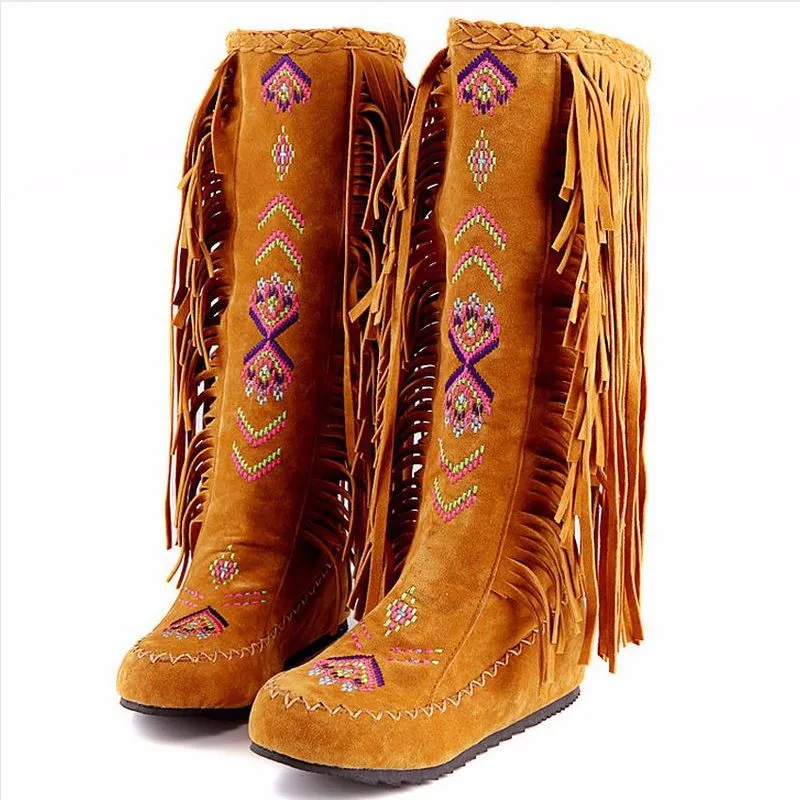 

BONJEAN Fashion Chinese Nation Style Flock Leather Women Fringe Flat Heels Long Boots Woman Tassel Knee High Boots Size 34-43