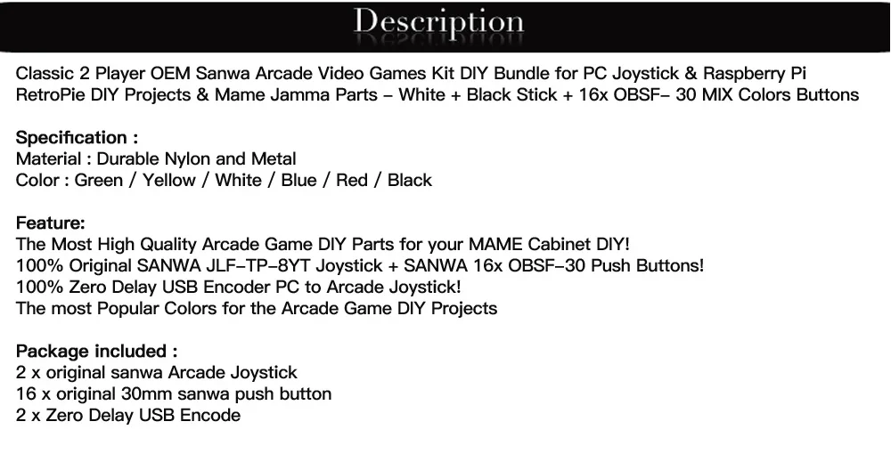 Classic 2 Player OEM Sanwa Arcade Video Games Kit DIY Bundle for PC Joystick Raspberry Pi RetroPie DIY Projects Mame Jamma Parts